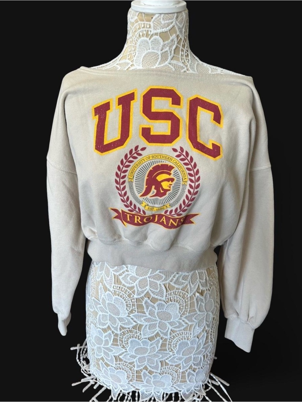 USC Off-the-Shoulder Cream Trojans Sweatshirt